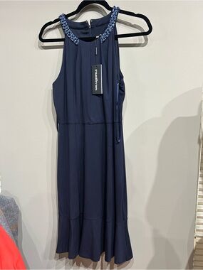 Karl Lagerfeld Navy Beaded Halter Midi Dress with Embellished Neckline